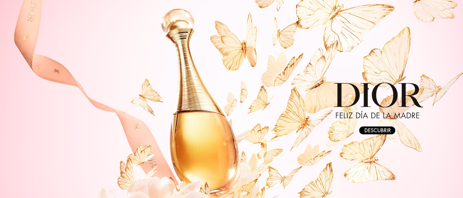Celebra el Día de la Madre con Dior: un frasco de perfume dorado rodeado de mariposas doradas sobre un fondo rosa suave, un lazo rosa con el logo de Dior y el texto "Feliz Día de la Madre". ¡Descúbrelo ahora!
