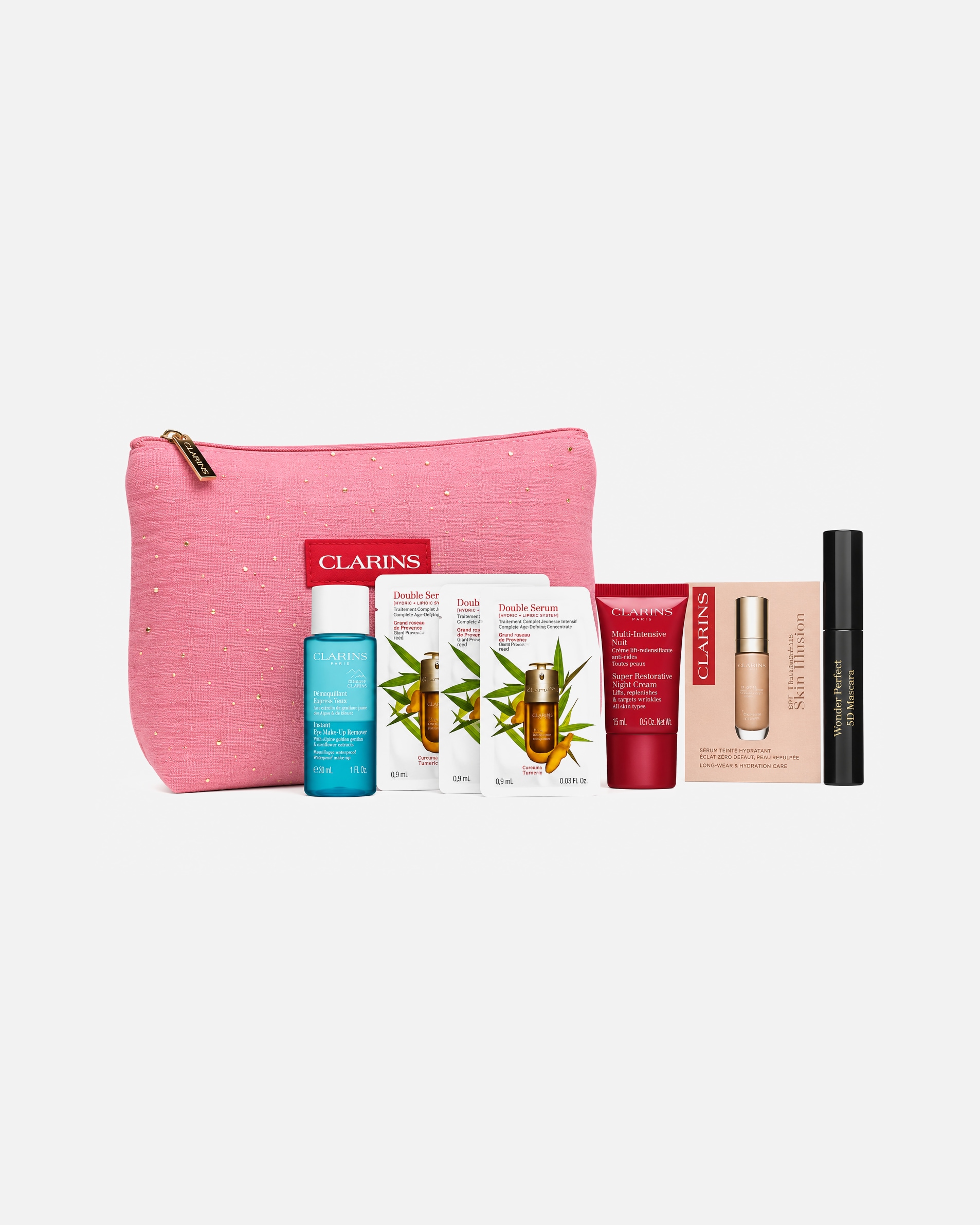Clarins neceser con minitallas por la compra de 2 productos Clarins. Excluidos articulos del Douglas Partner y Click&Collect