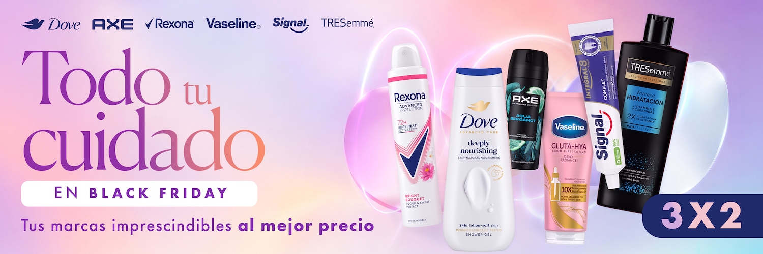 Aprovecha el 3x2 de Black Friday en tus marcas favoritas como Dove, Rexona, Vaseline, Signal y TRESemmé para el cuidado personal y compra al mejor precio.