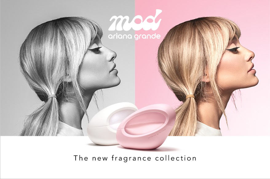 Descubre la nueva colección de fragancias Mod de Ariana Grande, presentada en envases minimalistas en blanco y rosa pastel, capturando la esencia de la feminidad moderna.