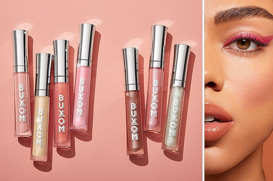 Aquí hay seis tubos de brillo labial Buxom en varios tonos, desde rosa pálido hasta dorado, con tapas plateadas brillantes, junto a una mujer con maquillaje de ojos rosa y labios brillantes.