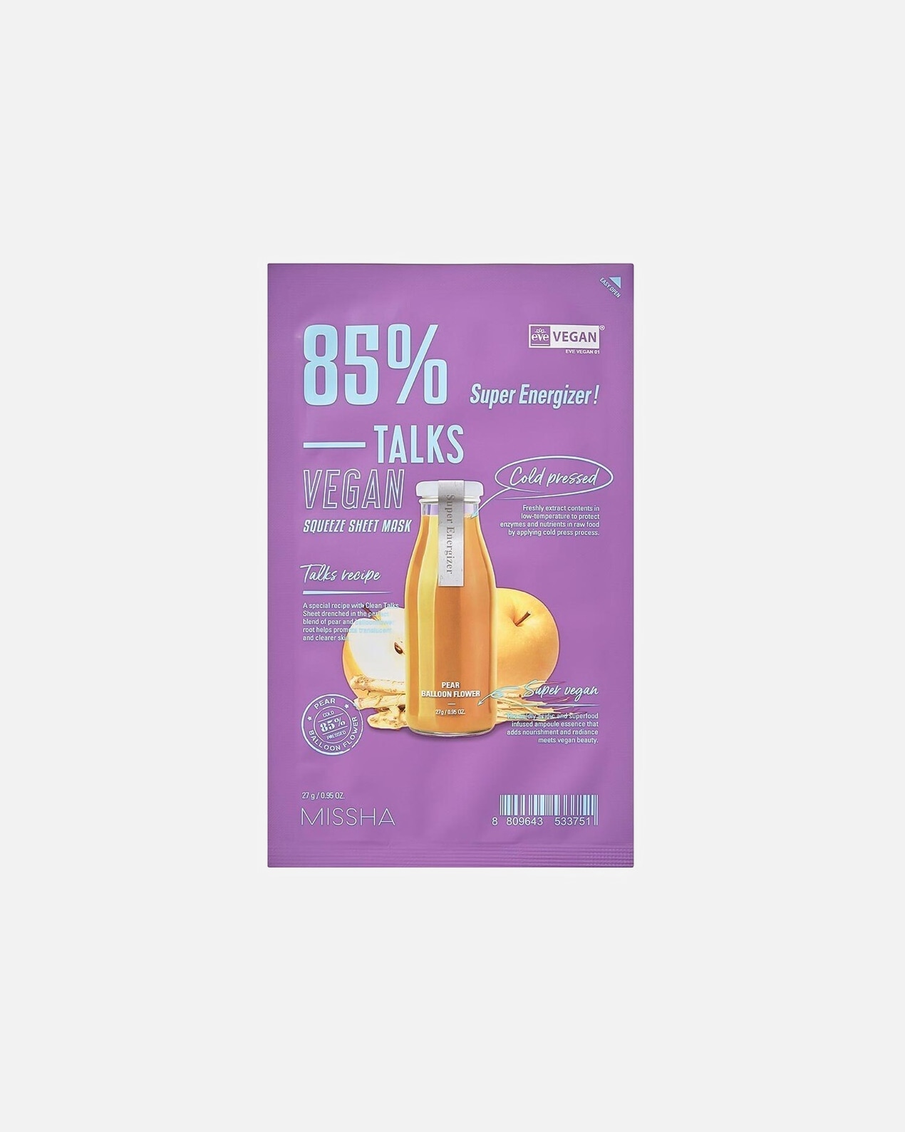 Mascarilla de tela para Unisex Missha Talks Vegan Squeeze Sheet Mask Super Energizer 27 GR