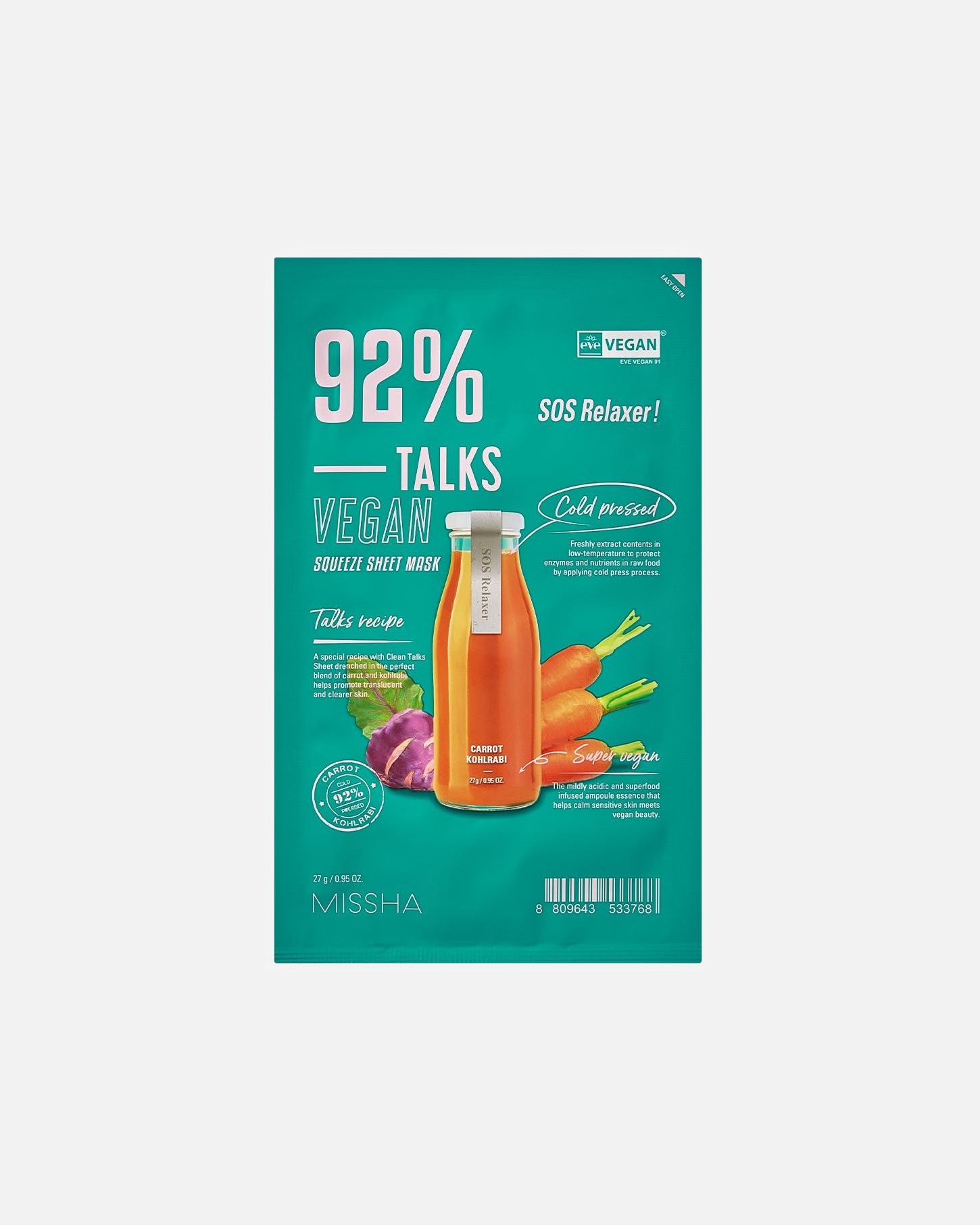 Mascarilla de tela para Unisex Missha Talks Vegan Squeeze Sheet Mask Sos Relaxer 27 GR